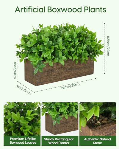 Velener 14" Artificial Boxwood Plants Indoor Centerpiece for Dining Room, Fake Plants in Rustic Rectangular Wooden Planter Box, Farmhouse Faux Plants for Mantel/Kitchen/Bathroom/Coffee Table Decor - color: Boxwood