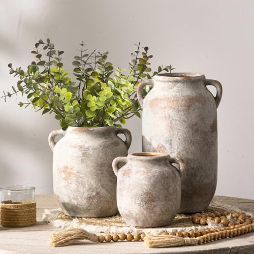 Ceramic Flower Vase Home Decor - 7.6 Inch Farmhouse Rustic Table Vases with Handle Living Room Decoration Decorative Vintage Pottery for Kitchen Shelf Coffee Dining Bookshelf Fireplace Centerpiece - color: A-7.6" Retro