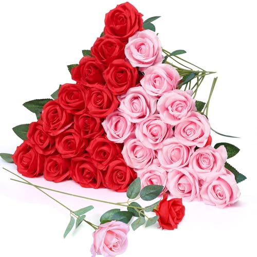 30pcs Red Pink Roses Artificial Flowers, Silk Faux Roses, Realistic Red Flowers for Wedding Centerpieces, Cake, Bridal Bouquets, Home Decor, Anniversary, Valentine's Day Decoration - color: Red + Pink