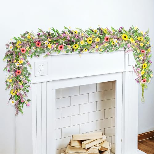 6FT Wildflower Garland, Artificial Spring Floral Garland with Eucalyptus Leaves, Fake Flower Garland for Mantle Fireplace, Wedding Arch, Summer Home Decor, Spring Mantel Garland - color: Wildflower01