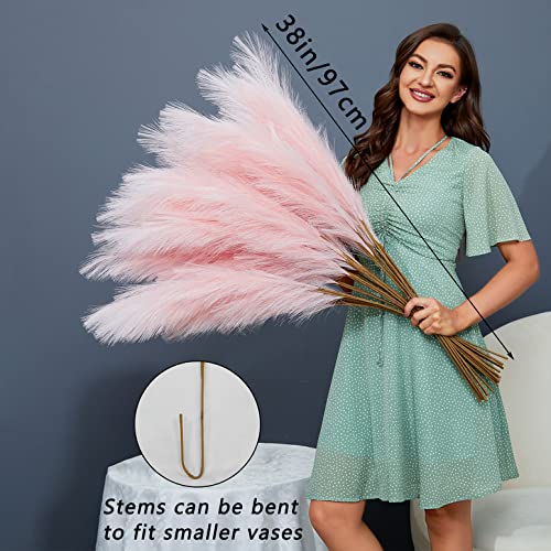 FOTEEWL 8 PCS Faux Pampas Grass Decor 38"/3.1FT Tall Fake Pompas Floral Large Artificial Pompous Grass Branches Plants for Floor Vase Filler Home Boho Decoration (Pink) - color: Pink