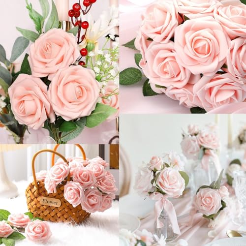 Artificial Flowers Roses with Stems for DIY Wedding Christmas Tree Bouquet Baby Shower Centerpiece Floral Arrangement Party Home Decor Mothers Day Decorations (Pink, 25 Pieces) - color: Pink, size: 25