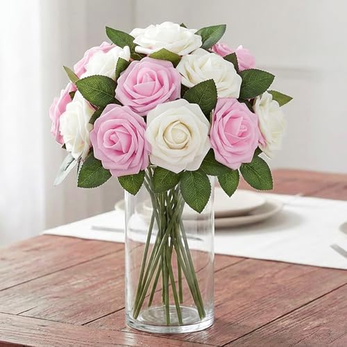 100Pcs Real Looking Pink and White Blend Artificial Rose Flower Heads, Foam Fake Roses for DIY Wedding Decorations Baby Shower Centerpieces Home Party Valentine's Day Mother's Day Decor - color: 100pcs Pink and White Ombre
