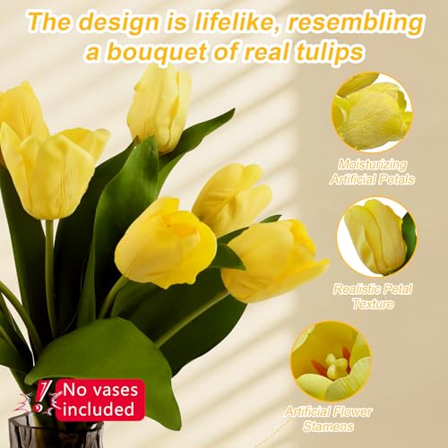 10 Stems Artificial Tulips Bouquet 14" Fake Tulips Flowers Realistic Faux Flowers for Wedding Home Party Decor Spring Decor Valentine's Day and Easter Decorations(Yellow) - color: Yellow