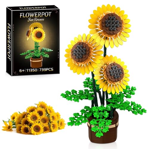 Sunflower Building Set Flowers with Vase, Botanical Collection Kit for Adults - 739PCS Sunflowers Bouquet, Birthday Day Sunflower Gifts for Adults Women