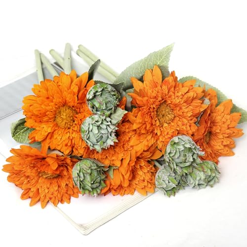 Kimura's Cabin 5Pcs Fake Sunflower Flowers Long Stems Faux Sunflowers Artificial Silk Bouquet for Wedding Home Garden Birthday Party Indoor Decor(Orange) - color: Orange