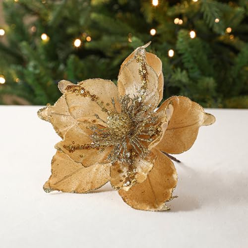 vctops 6 Pcs Poinsettia Artificial Flowers Christmas Tree Ornaments Velvet Glitter Magnolia Flowers for Xmas New Year Party Wedding Holiday DIY Decorations, Gold - color: Gold