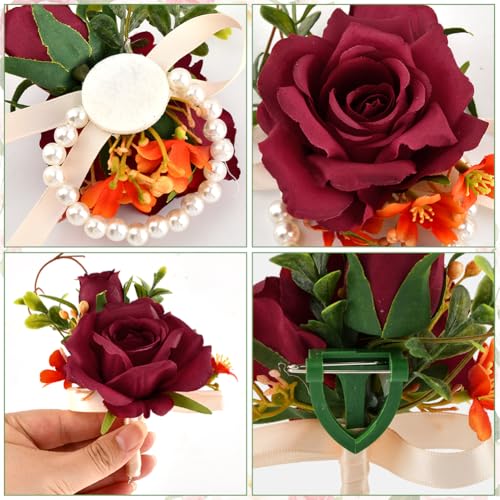 Artificial Rose Corsage & Wrist Corsage Set, Rose Wrist Flower Wristlet Bracelet Groom Best Man Boutonniere, for Prom Suit Decorations Wedding Party Flower Accessories(Color:Red) - color: Red