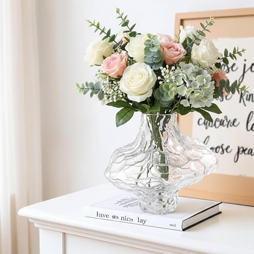 1.7 lbs Heavy Duty Glass Vases for Flowers, 6.5 Inch Small Vase with Weighted Base to Prevent Tipping, Modern Wavy Groove Decorative Glass Vase for Table Centerpiece, Bookshelf, Home Decor (Clear) - color: Clear