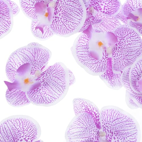 M METERXITY 20-Pack Artificial Orchid Flower Heads, Silk Faux Butterfly Flowers Head for Wedding/Bouquet/Bridal/Party Decor, Fake Phalaenopsis Petals Bulk [3.54 Inch, Dot Purple] - color: Dot Purple, size: 3.54 Inch