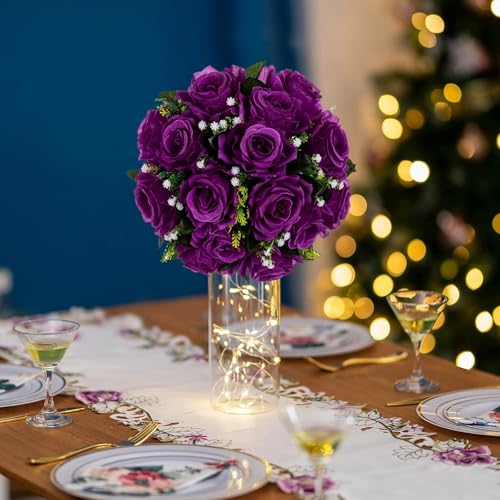 BLOSMON Flower Balls Wedding Rose Centerpieces 10 Pcs Purple Fake Flowers with Base Kissing Balls Decor Artificial Floral Arrangements Flower Bouquet of Roses Home Party Table DIY Decorations - color: Purple