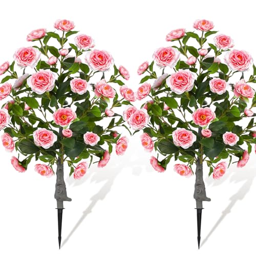 Lunmon 2 Pack 3ft Artificial Camellia Plants Tree 36" Faux Camellia Flower with Spike UV Resistant Realistic Fake Floral Blooming Bush for Indoor Outdoor Front Door Porch Backyard Garden, Pink - color: Pink, size: 3 ft