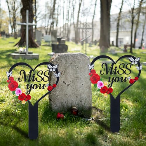 Cemetery Decorations for Grave, Happy Mom Dad Grave Decorations for Cemetery, Memorial Heart Graves Markers for Outdoors - style: Miss You-A
