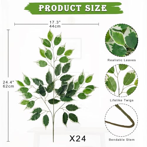 24PCS Ficus Leaves Artificial Branches - 24" Faux Ficus Greenery Tree Branches - Fake Leaves Sprays for DIY Arch Wedding Wall Decor - Green & White - color: 24inch-24pcs/Green & White