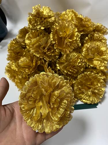 Rikyo 50 Artificial Silk Carnation Flower Head with Stems Set,Vase Fillers, Home Bridal Wedding Party Birthday Cake Ornaments,Handmade Wrist Corsage,3" Multiple Petals Heads with 8" Stems (Gold) - color: Gold