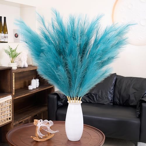Premium Faux Teal Pampas Grass Decor 8pcs 43.3″ 110cm– Peacock Teal Tall Fluffy Feather Flowers, No Assembly 18-Branch One-Piece Stems for Boho Wedding & Coastal Home Decor, Floor Vase Accent - color: Faux Teal, size: 8pcs 43.3"(110cm)