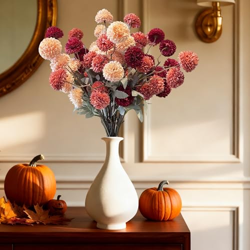 12pcs Artificial Flowers Faux Silk Pompon Mum, Fake Kiku Flowers with 21" Long Stems & 5 Heads Each Stem, Mini Small Chrysanthemum with Stems for DIY Wedding Bouquets Centerpieces Home Decor - color: Burgundy, Burnt Orange, Champagne, size: 12 PCS