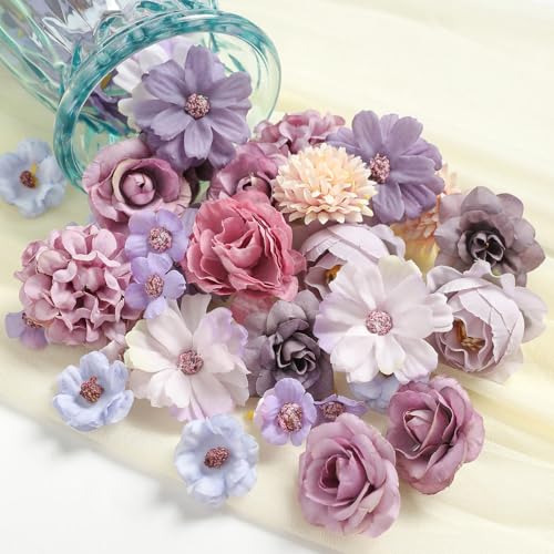 rongflower Faux Flower Heads Mini Purple Artificial Flower Heads Fake Peony Daisy Rose Flowers Multicolor Small Silk Daisy Flower Heads for Craft Garland Wedding Party DIY Home Decoration,2-4 cm - color: Purple