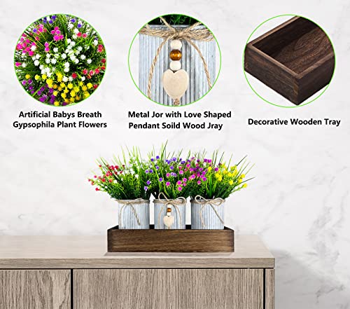 CALAVAK Decorative Centerpiece Wooden Tray with 3 Metal Potted Artificial Babys Breath Gypsophila Plant Flowers Rustic Country Farmhouse Décor for Dining Room, Living Room and Kitchen Table - style: Milan Plants