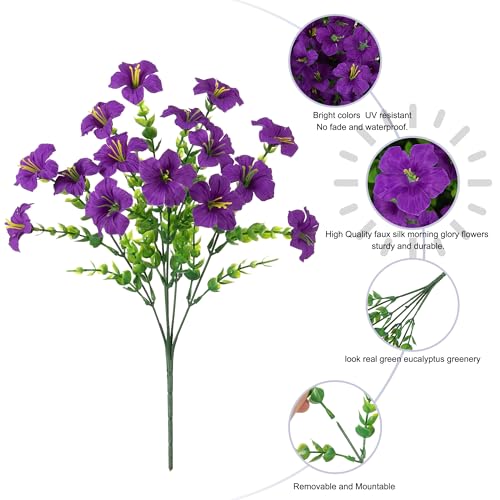 Artificial Flowers for Outdoors Decoration, 20 Bundles Purple Faux Morning Glory with Eucalyptus Look Real UV Resistant Fake Plants Silk Flowers for Outside Yard Gardens Porch Patio Planter Home Urn - color: Purple