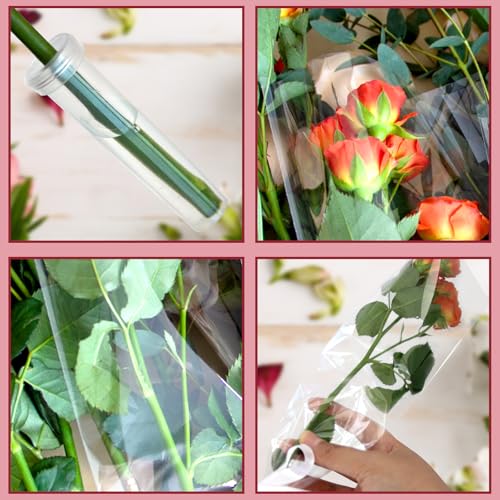 Bayurht 101 Pcs Single Rose Sleeve with Floral Water Tubes 50 Sets Single Flower Packaging Bags Single Flower Sleeve with Ribbons and Floral Water Tubes for Christmas Bouquets Wrapping (Transparent) - color: Transparent