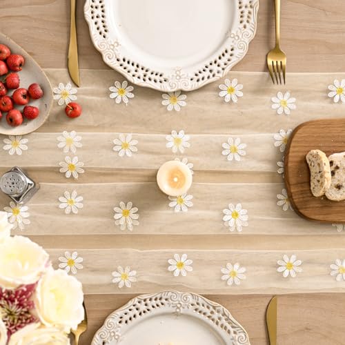 Artoid Mode Beige Apricot Daisy Gauze Embroidery Table Runner 120 Inch 10FT, Tulle Seasonal Spring Kitchen Dining Holiday Table Decor for Home Party - color: Beige Apricot