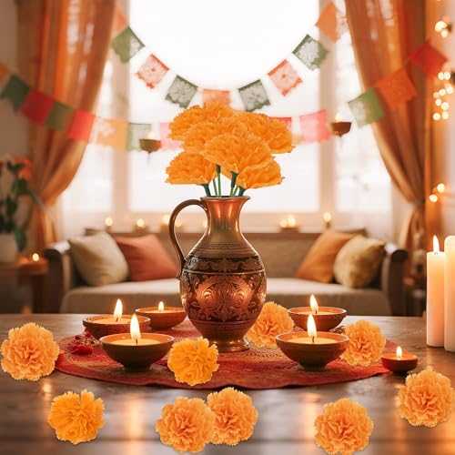 50 Pcs Artificial Marigold Flowers,2" Silk Marigold Flower Heads with Stems,Orange Flowers Artificial for Diwali Decor,Indian Wedding,Home,DIY Wreath Garland,Day of The Dead Decorations - color: Orange-2inch