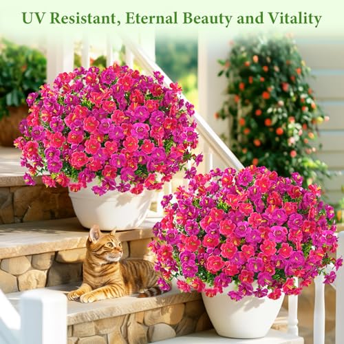 MARTINE MALL 24 Bundles Look Real Artificial Flowers for Outdoors, Realistic Fake Outdoor Flowers, UV Resistant Silk Flowers for Outside Faux Flowers Plants for Outdoor planters Porch Fuchsia&Rose Red - color: Fuchsia&rose Red, size: 24 Bundles