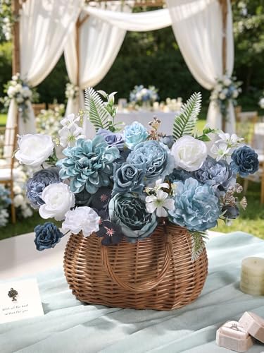 Artificial Flowers Combo Box Set Dusty Blue Silk Floral Arrangements for Wedding Bridal Bouquet, Cake Flowers, Table Centerpieces, Party & Home Decor - color: Dusty Blue White