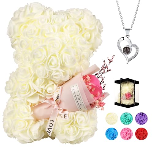 Rose Bear Valentines Gifts for Women Rose Bear Teddy Bear with Box,One Hundred I Love You Language Necklace,Cute Romantic Wedding Anniversary Birthday Gift - color: Rice White