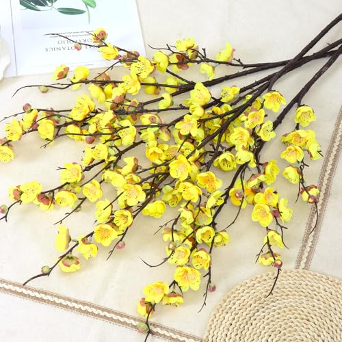 Betylifoy Artificial Plum Blossom Flowers 4Pcs Faux Silk Cherry Blossom 38" Long Stems Fake Plum Blossom Branches Artificial Silk Flower for Flowers Arrangement Wedding Home Table Decor (Yellow) - color: Yellow