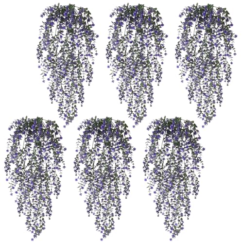 Artificial Hanging Flowers 6 PCs Purple Faux Hanging Vines Plants UV Resistant Fake Eucalyptus Ferns Plants for Outdoors Wall Home Porch Patio Garden Front Porch Summer Decor(Purple) - color: Purple