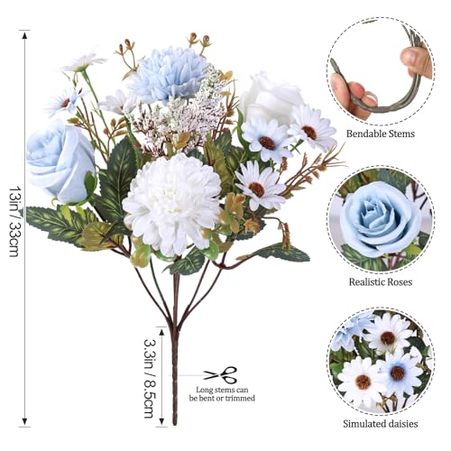 Dremisland Artificial Flowers 2 Packs Mixed Blue & White Silk Artificial Roses Bouquet with Daisy Chrysanthemum Fake Blue Flowers Bouquet for Vase Centerpiece Table Wedding Party Home Decor - color: Blue White, size: 2PCS