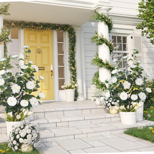 2Pack 39.37"/3.28FT Artificial Camellia Trees with 32 White Flowers in Cement Pots – Lifelike Fake Trees for Front Porch, Home, Indoor Outdoor Spring Decor, Office or Housewarming Gifts - color: White, size: 3ft 3inx2