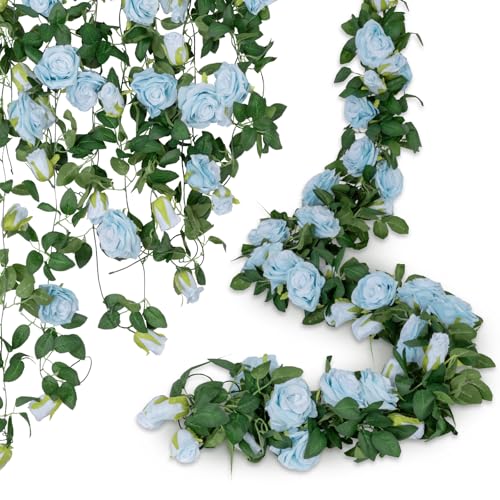 U'Artlines 3 Pack Artificial Blue Rose Vines Floral Garlands Total 19.5 Ft Fake Vine Silk Flower Garland for Indoor Outdoor Home Wedding Arch Garden Wall Decoration - color: Blue, size: Set of 3