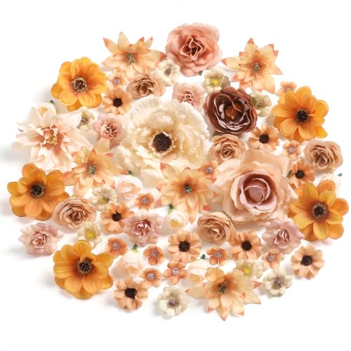 Fake Flowers Heads Bulk Assorted Artificial Silk Flower for Crafts, Small Artificial Daisy Roses Faux Flowers for Graduation Cap DIY Cake Wedding Party Home Garland Decoration - color: Light Coffee