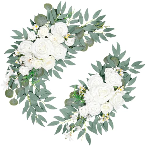 Wedding Arch Faux Flowers Set of 2, Wedding Welcome Signs Greenery Garland Decoration for Ceremony, Reception, Backdrop (White) - color: White-1