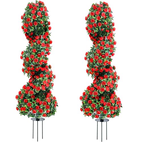 PATIO CHOICE 3ft Artificial Topiary Spiral Trees with Rose Set of 2 36" High End Outdoor Faux Plants Realistic Faux Bushes and Shrubs Decorations for Outdoor Front Porch Garden - color: Spiral Rose, size: 3ft