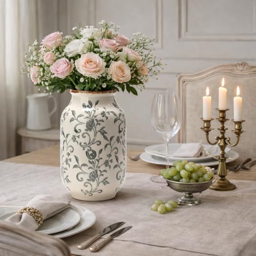 SIDUCAL Ceramic Vintage Vase, 8.78 Inch Chinoiserie Floral Vase, Retro Ice Cracked Rustic Farmhouse Vases for Home Decor, Living Room, Bookshelf, Office, Tuscan Decor, Gray Floral Pattern - color: 18049-gray