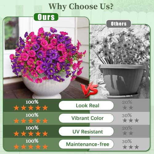 MARTINE MALL 12 Bundles Look Real Artificial Flowers for Outdoors, Realistic Fake Outdoor Flowers, UV Resistant Silk Petunia Flowers for Outside Faux Flowers Plants for Outdoor Porch, Purple+Fuchsia - color: Purple and Fuchsia, size: 12 Bundles