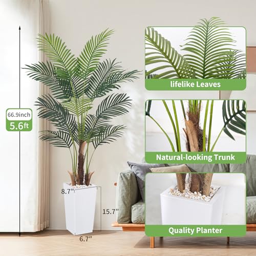 Artificial Palm Tree，5.5FT Fake Tree with White Tall Planter,Faux Areca Palm Tree,Tall Faux Plant with Lifelike Leaves for Home Office Living Room Modern Decoration