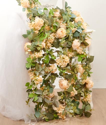 PONKING Flower Garland Artificial Rose & Hydrangea Vine Hanging Fake Flowers Vines for Wedding Birthday Party Valentines Christmas Room Wall Arch Decor, 1 Rose & 1 Hydrangea Champagne Floral Garland - color: Large Rose & Hydrangea Champagne Vines 5.4ft