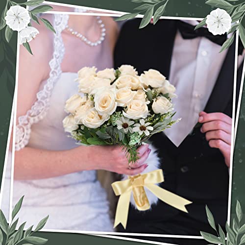 Jexine 16 Pack Artificial Roses Flower Bouquets Silk Fake Cream Flowers Bulk for Bridesmaid Bridal Wedding Party Decor, Home Vase Floral(White) - color: White