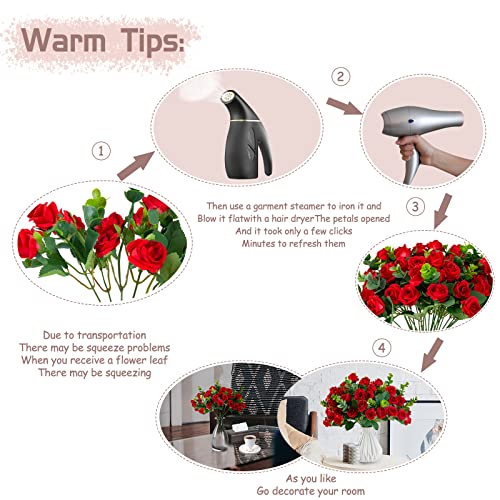 Artificial Flowers Fake Silk Rose for Decoration 33 Heads Small Roses Blooming Faux Flower Bouquet with Stem for DIY Vase Home Wedding Party 3 Pack Red - color: Red
