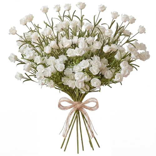 6 Pcs Mini White Rose Artificial Flower Bouquet Mini Fake Roses with Long Stem Realistic Foam Rose Bouquets for Bride Shower Wedding Party Table Centerpieces Home Decor Ation Gift for Women
