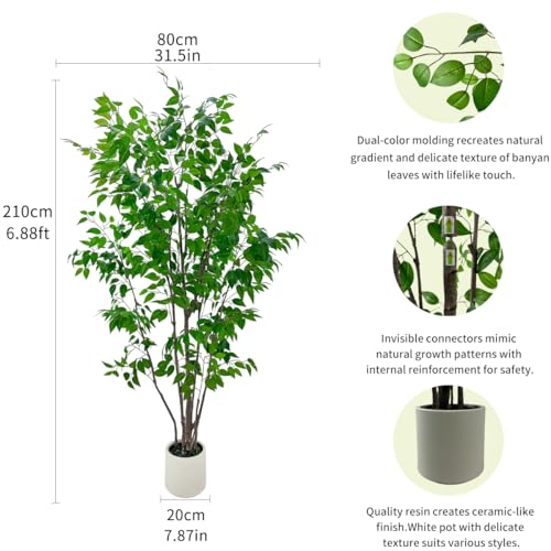 7ft Artificial Ficus Tree with White Plastic Planter | Collapsible trunk structure enables quick assembly and compact space-saving storage - color: Green, size: 7ft