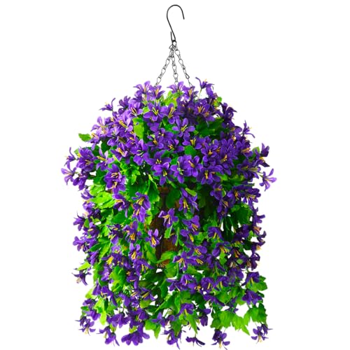 INQCMY Artificial Hanging Flowers in Basket for Spring Patio Garden Decoration, Faux Silk Violet in Planter UV Resistant Realistic for Outside Home Porch Balcony Yard Decor(Purple) - color: Purple