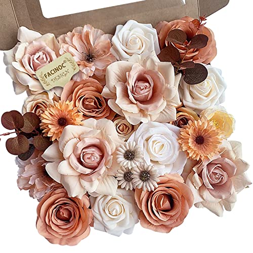 FACINOC Roses Artificial Flowers Bouquet Combo Box Set for DIY Wedding Centerpieces for Table Bridal Baby Shower Party Decorations Fake Silk Floral Arrangements for Home Decor Indoor Peach Pink - color: Pale Pink, Coral