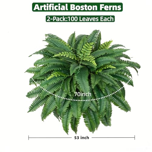 2 Pcs 53" Large Artificial Boston Fern For Outdoor,100 Leaves Each Full & Lifelike Fake Fern Plants For Outside,UV Resistant Faux Fern For Hanging Planters, Porch, Patio Poolside Indoor Outdoor Decor - size: 2PACK 53INCH