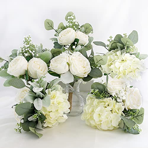 Bridesmaid Bouquets Set of 6 - Ivory White Artificial Flowers Bouquet for Bridesmaids Wedding Small Floral Centerpieces for Marriage Proposal Party Anniversary Dining Table Decor -7 Inch - color: White, size: 6pcs Bouquets